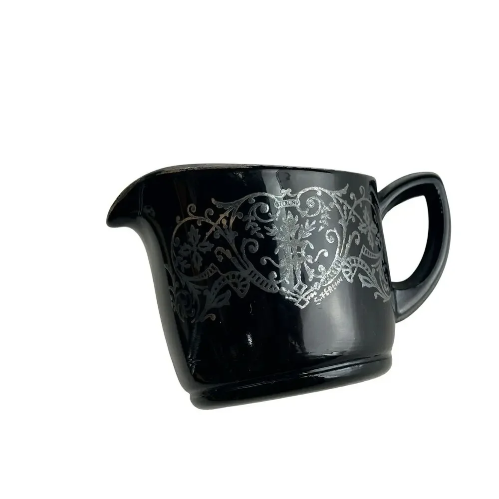 Sterling Vintage Black Amethyst Glass Creamer Etched Floral Depression Glass